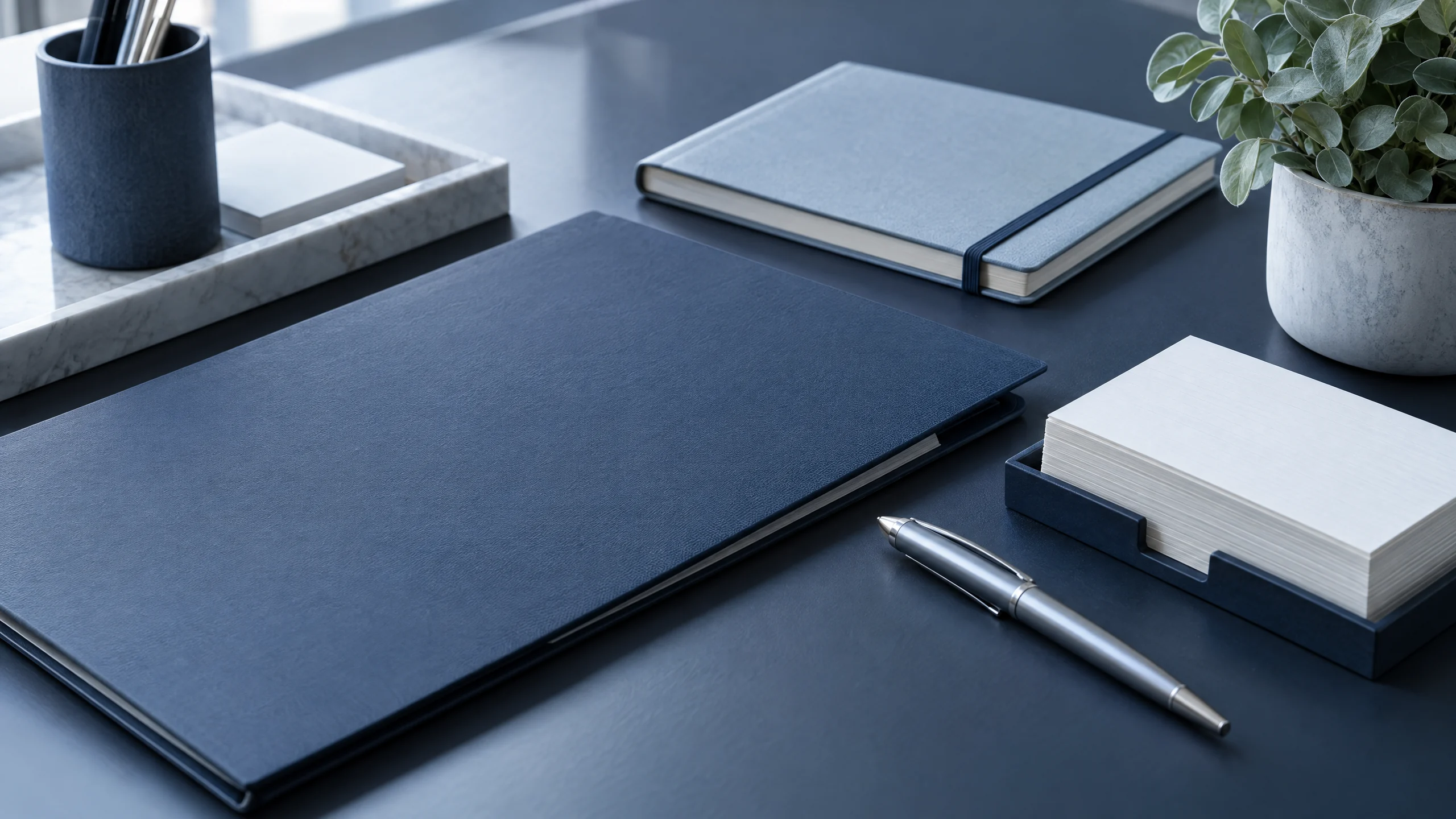 Closed document folder and desk items arranged in a calm private office