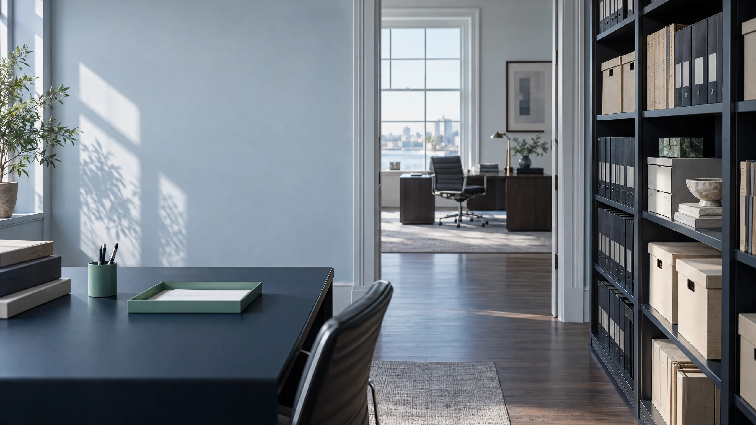 Orderly law-firm records room and private office in cool daylight