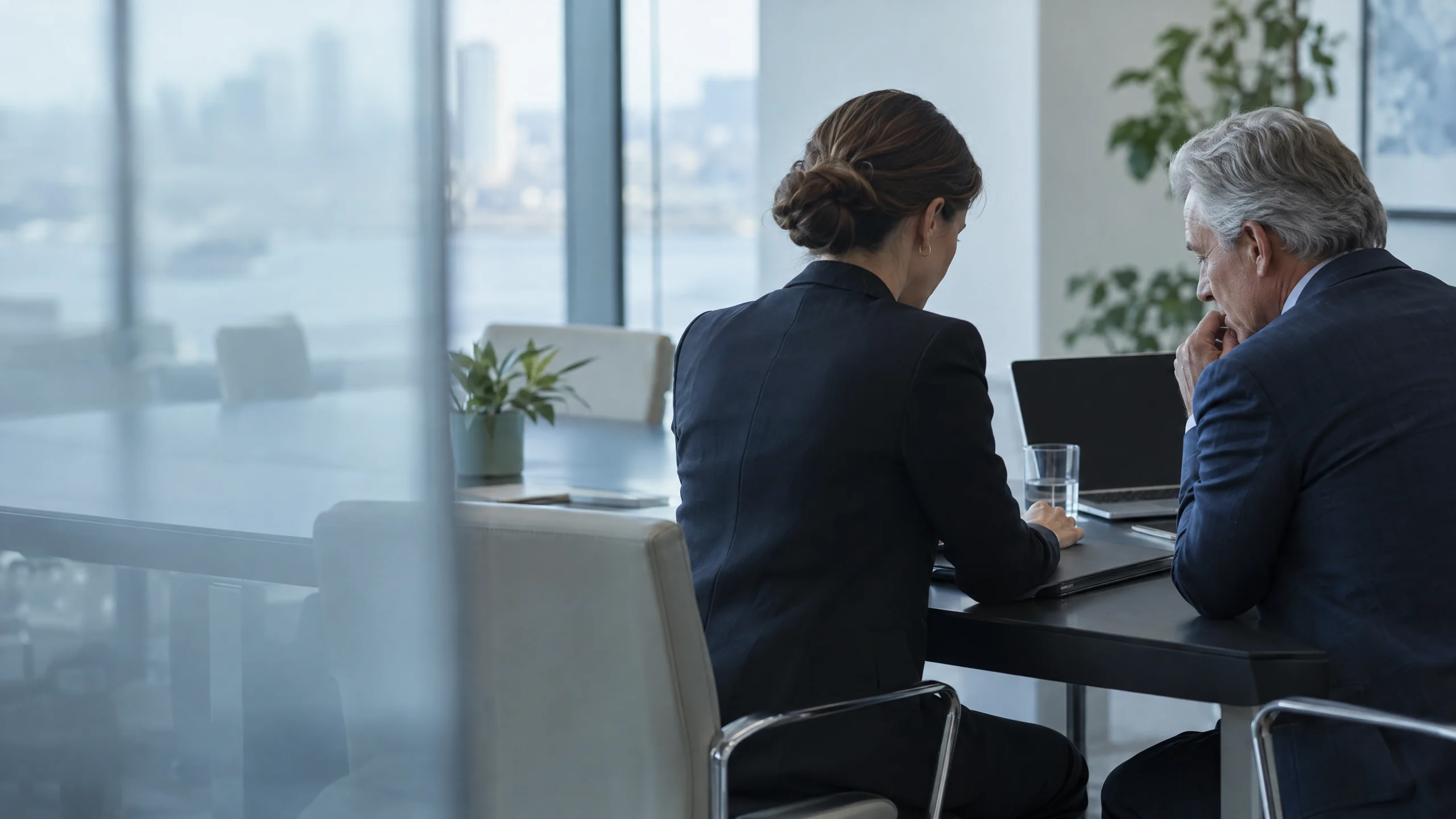 Two legal professionals reviewing records together in a private office